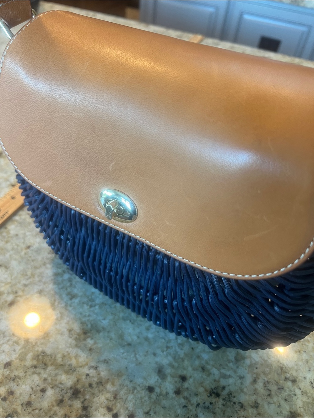 BEAUTIFUL  J. McLaughlin NAVY Wicker Shoulder Bag w brown leather strap - Picture 10 of 11